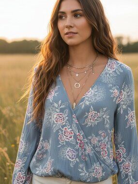 Mudd M Top Blouse Blue Pink Floral Surplice Faux Wrap LS Rayon Boho Chic